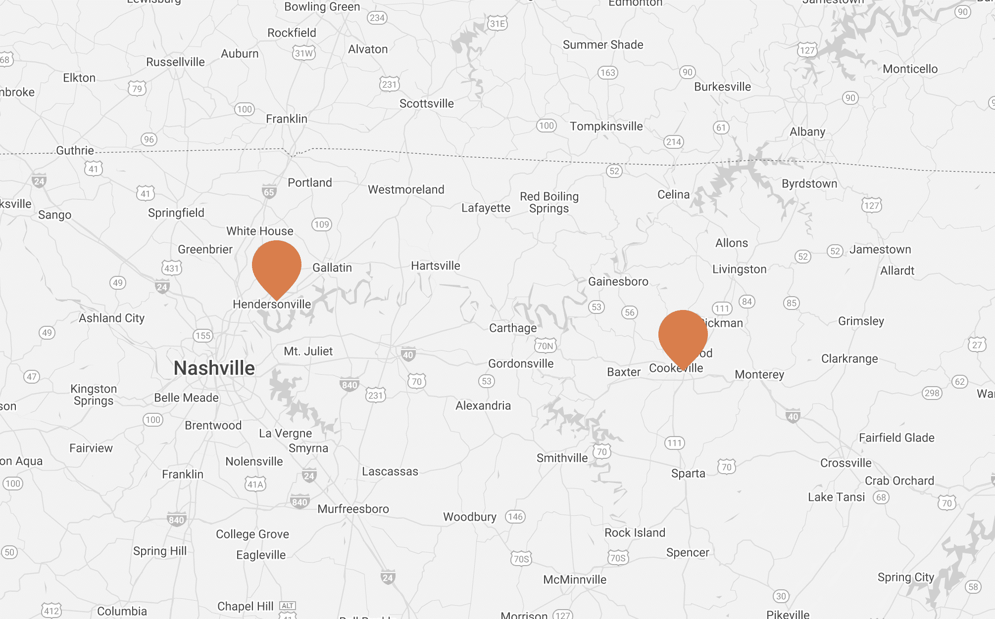 Map of Koen Orthodontics’ office locations in Middle Tennessee